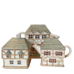 Country Village Tea Pot Set W/ Cream & Sugar Box & Lids  6.5” X 5.5” X 4.5”n
